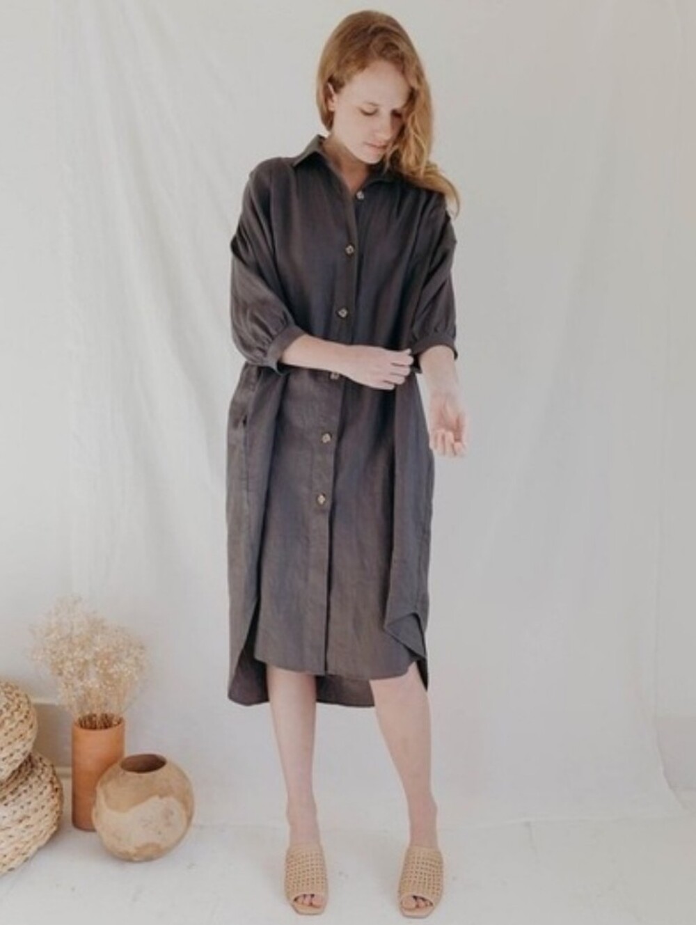 Esby Viola Linen Midi Dress in Grey XS/S